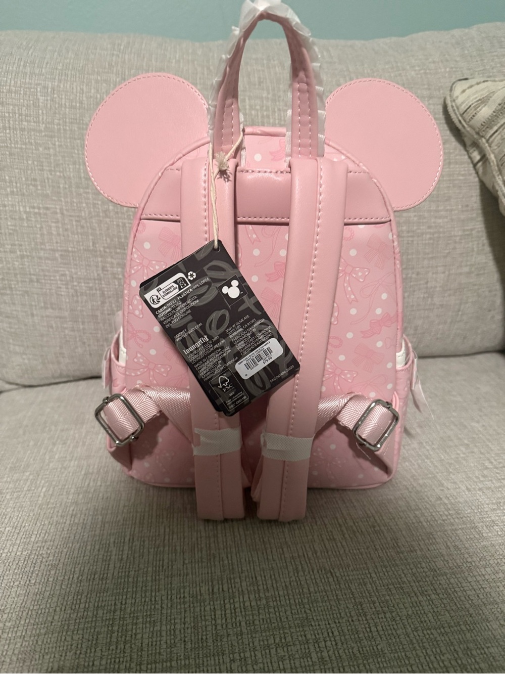 Loungefly Pink Minnie Ear Mini Backpack with Polka Dot Bow - Picture 3 of 5